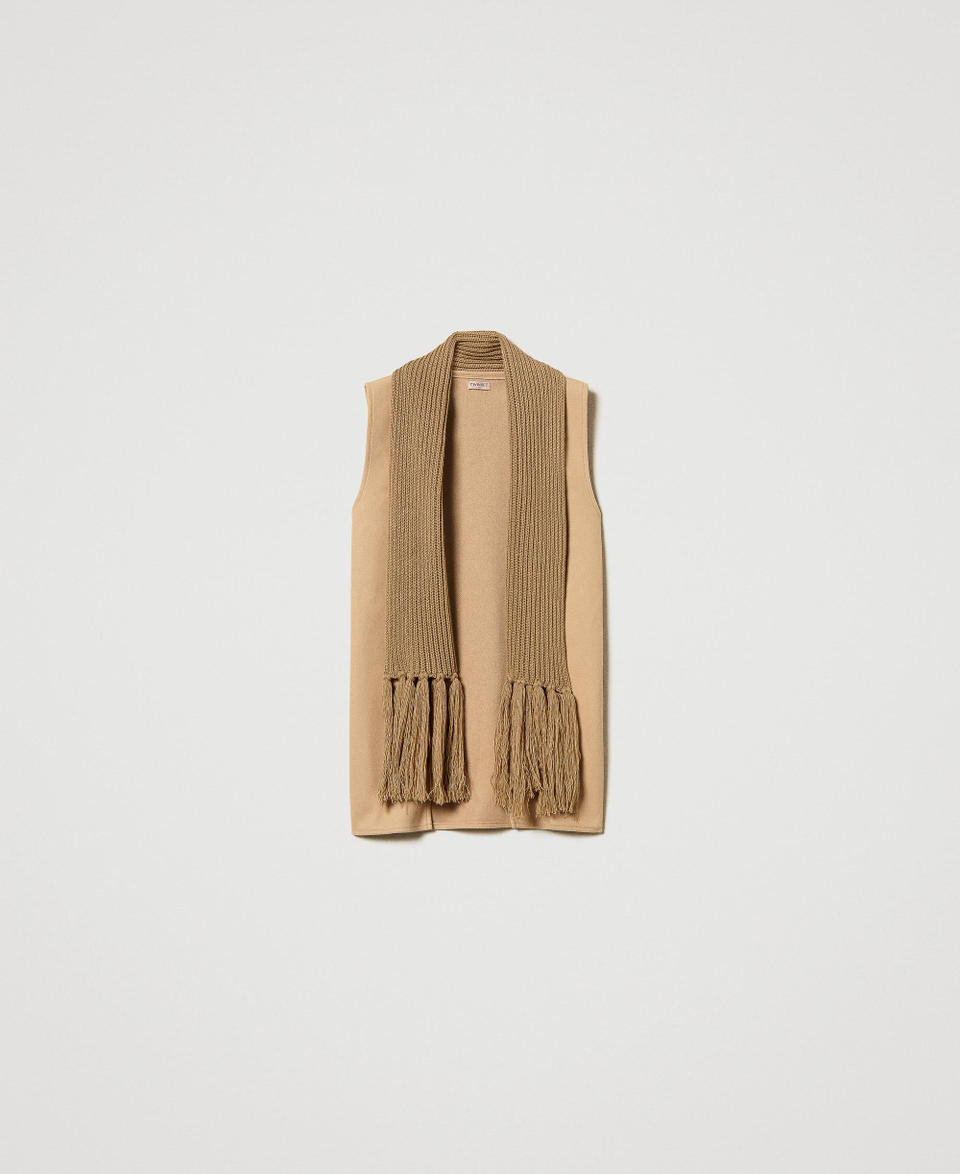 Wool cloth gilet with fringes Sandy Brown Woman 242TO5381_11754_S0