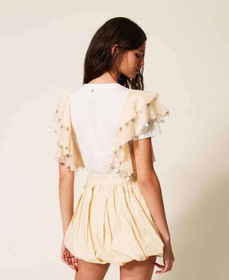 Regular T-shirt with voile sleeves Two-tone Off White/Cashew Beige Woman 261AT2210_13553_03