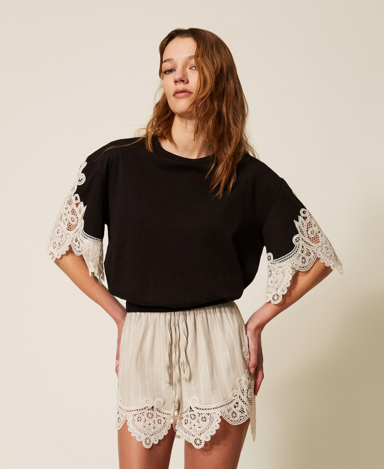 Twinset Women's Black / "Vanilla" White Blouse With Macramé Sleeves