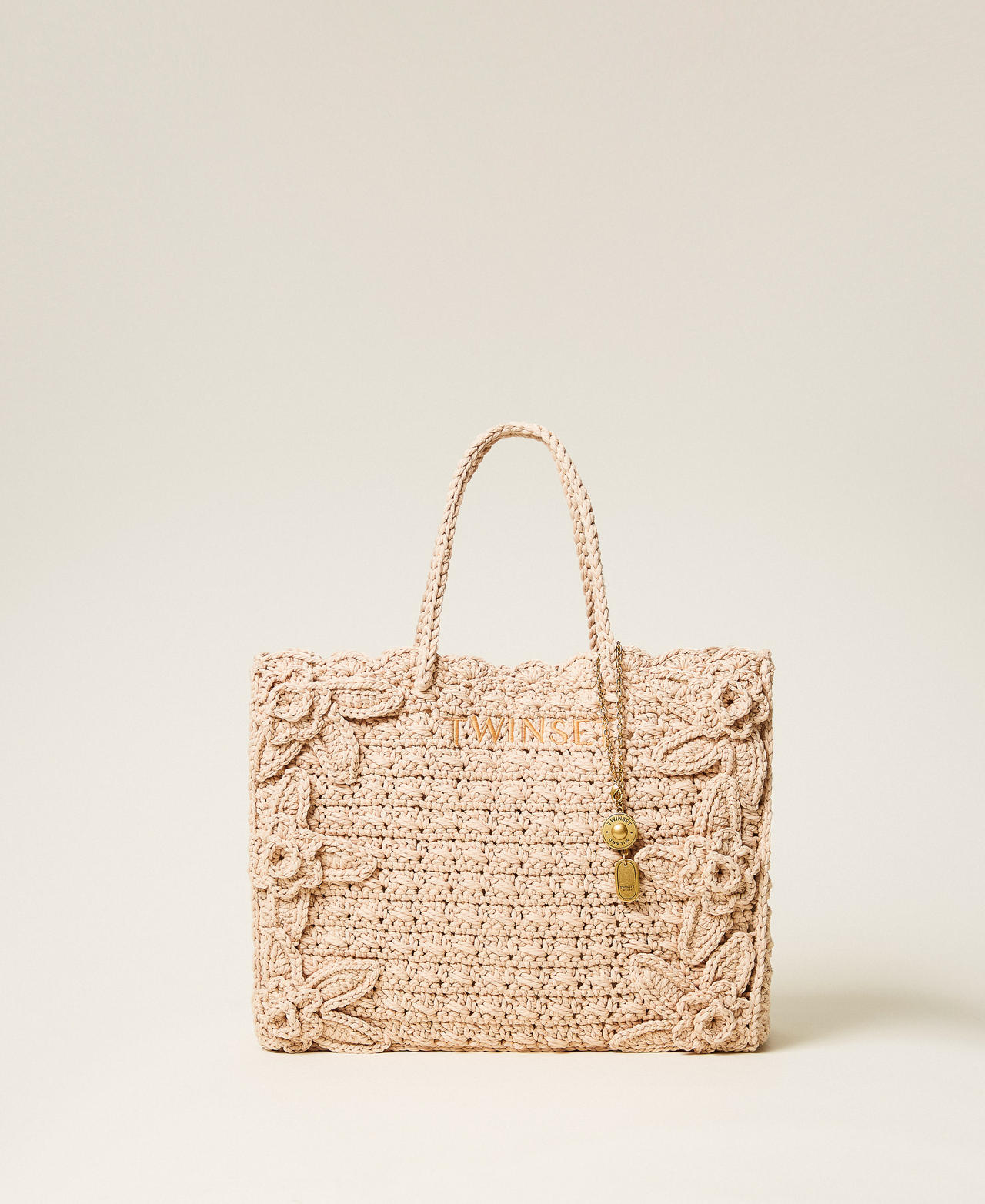 Twinset Women's Delicate Sand Beige Crochet Shopper Bag With Charms