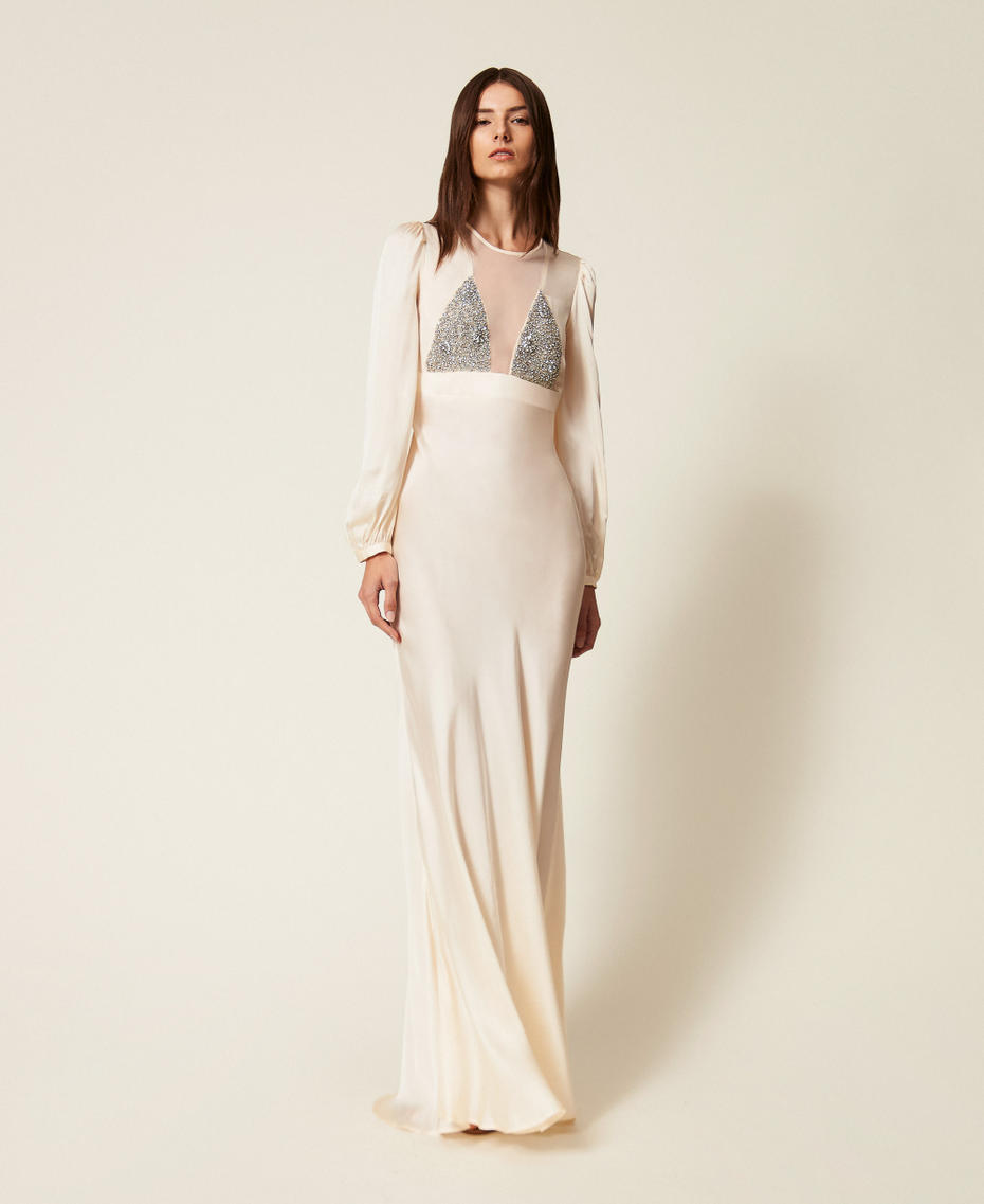 Long satin and tulle dress with embroidery Light Natural Woman 252TT2131_12227_01