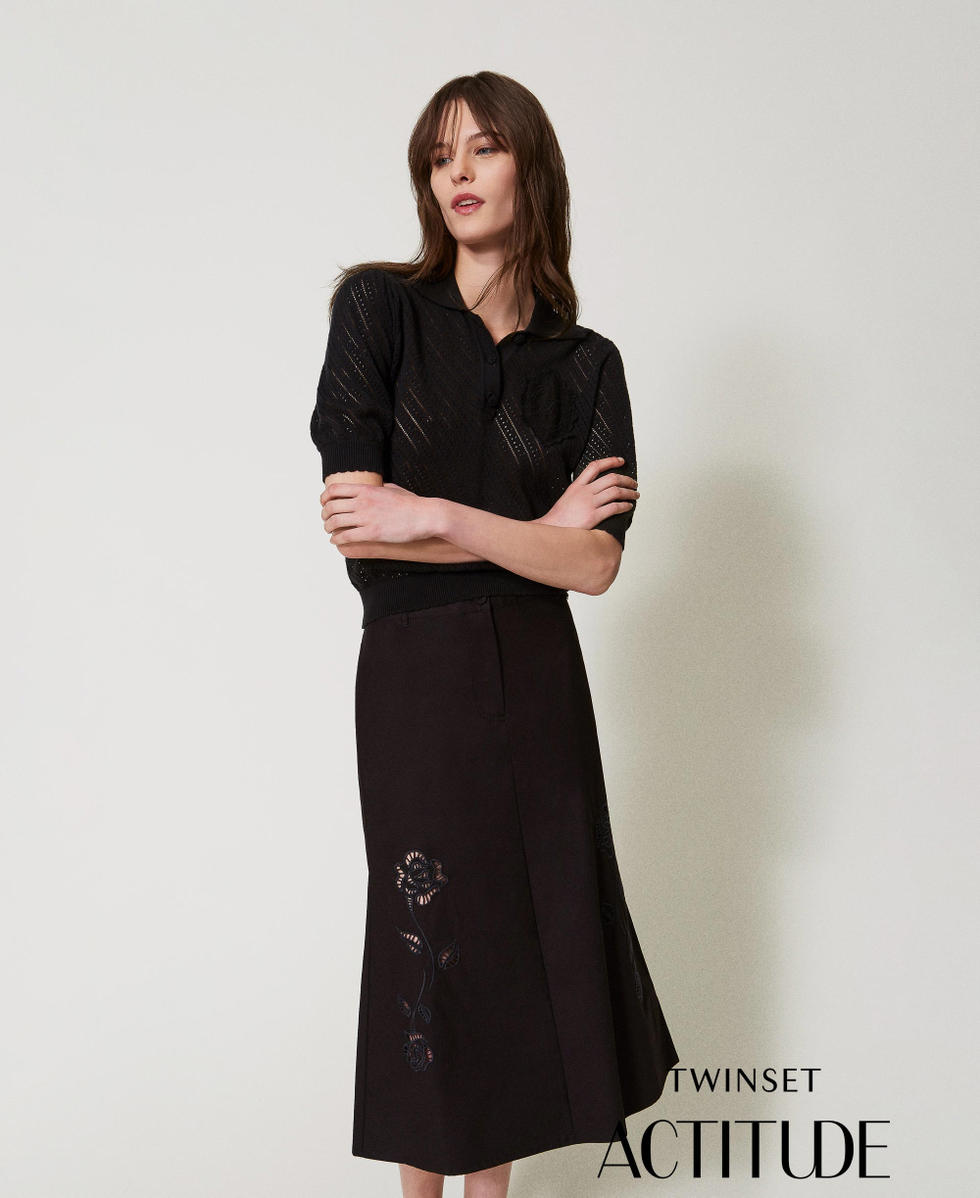 Gonna longuette in popeline con ricami Nero Donna 251AX2091_00006_PA