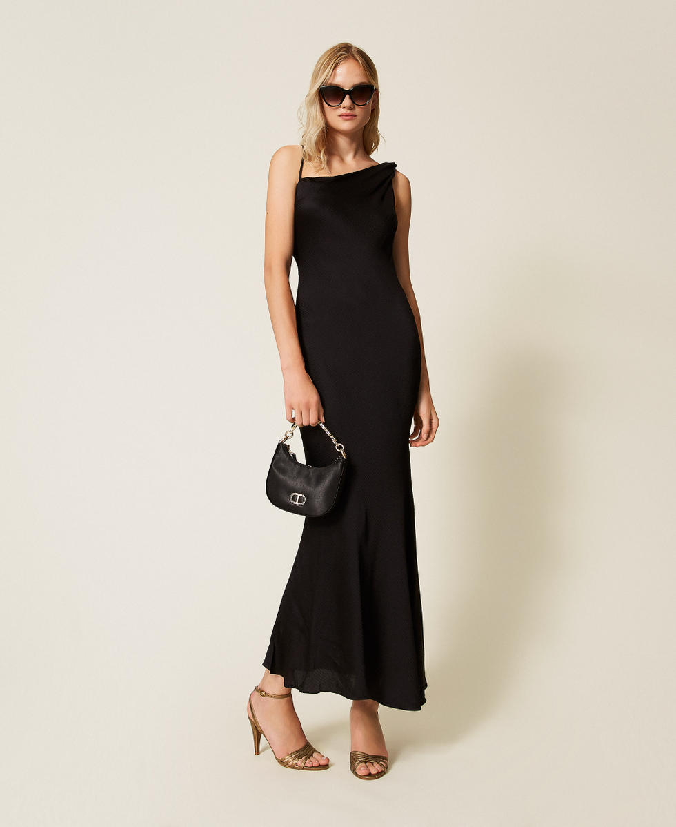 Long asymmetric satin dress Black Woman 252TP2360_00006_T0