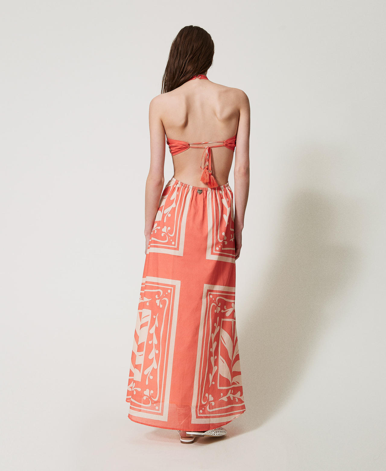 Long dress in printed muslin Coral Sun/Almond Beige Foulard Print Woman 251LM2BEE_12381_03