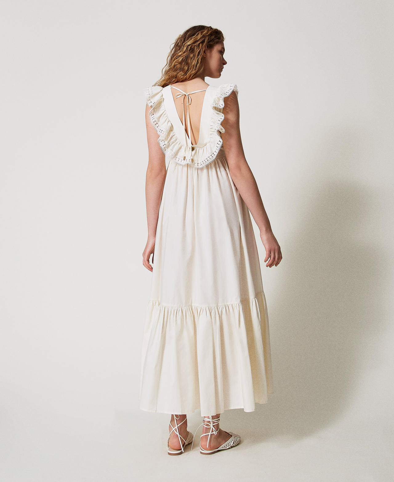 Long poplin dress with crochet detail Mother Of Pearl Woman 251LB2KFF_00059_03