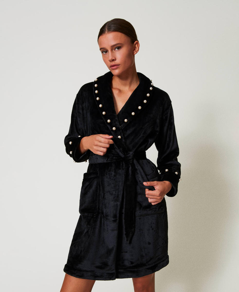 Faux fur dressing gown with pearls Black Woman 242LL2FAA_00006_01