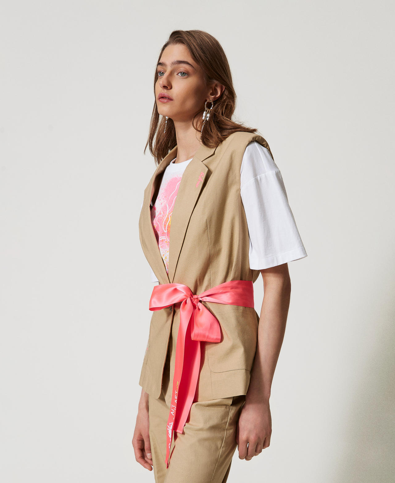 Gilet MYFO con ricami e cintura Beige Incenso Donna 251AQ2062_00634_02