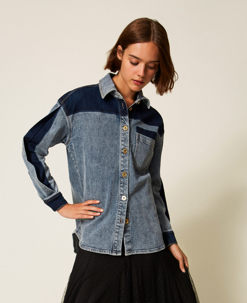 Two-tone denim shirt Two tone Light/Dark Denim Woman 252LI2HAA_12680_01