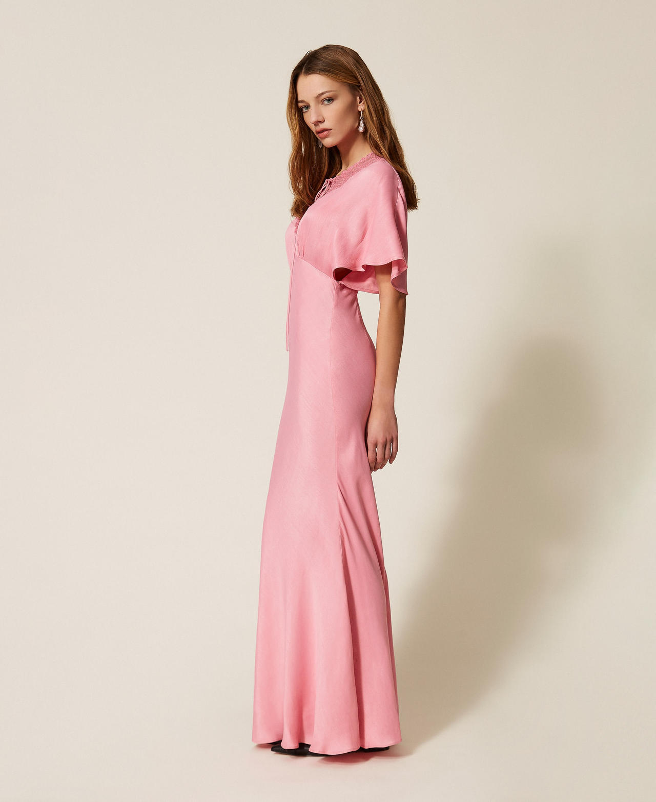 Abito lungo in envers satin con ricamo Cashmere Rose Donna 261TP212B_12631_02