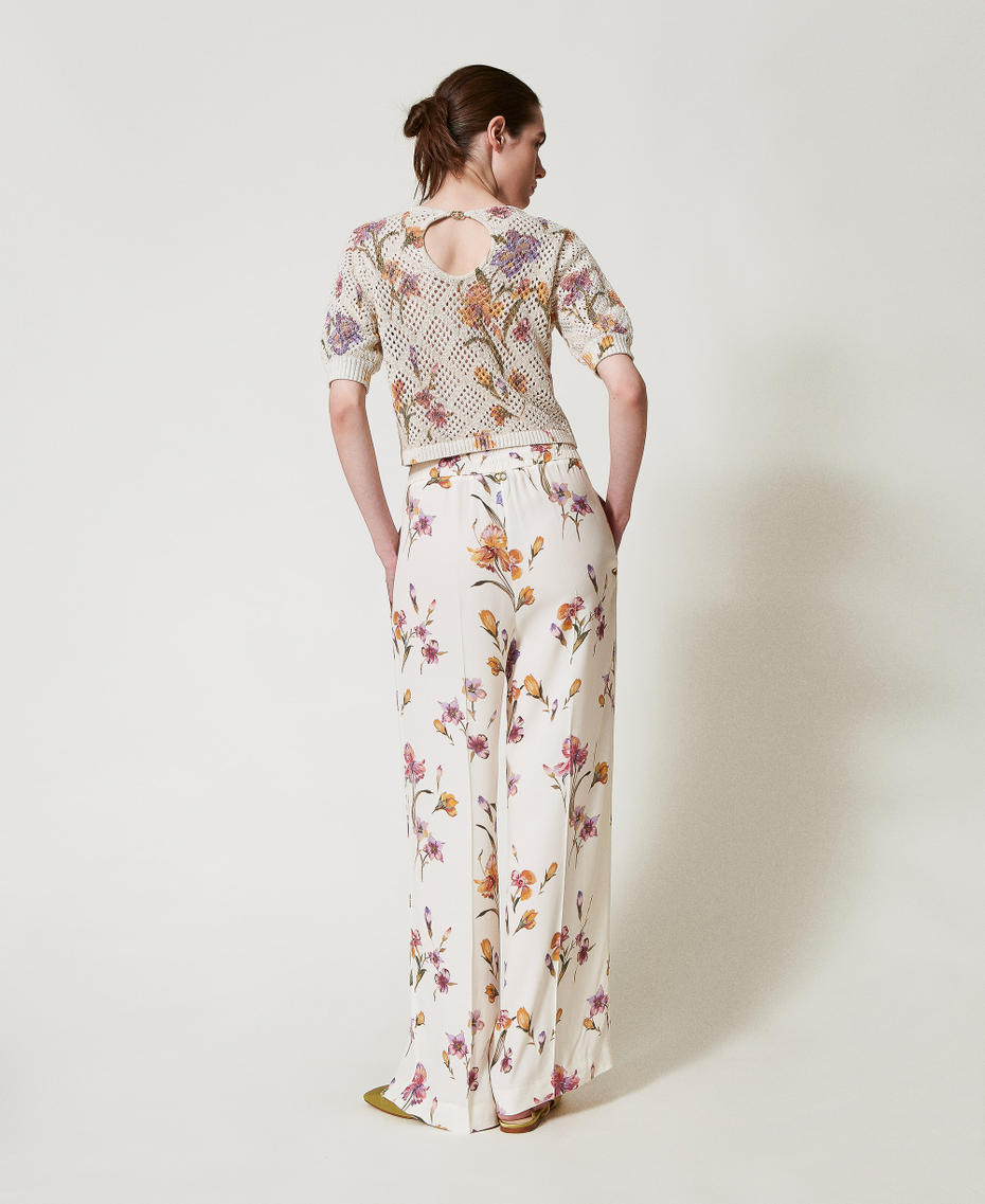 Crêpe de Chine floral trousers with elasticated waist Multicolour/Mother of Pearl Iris Print Woman 251TP2776_12329_06