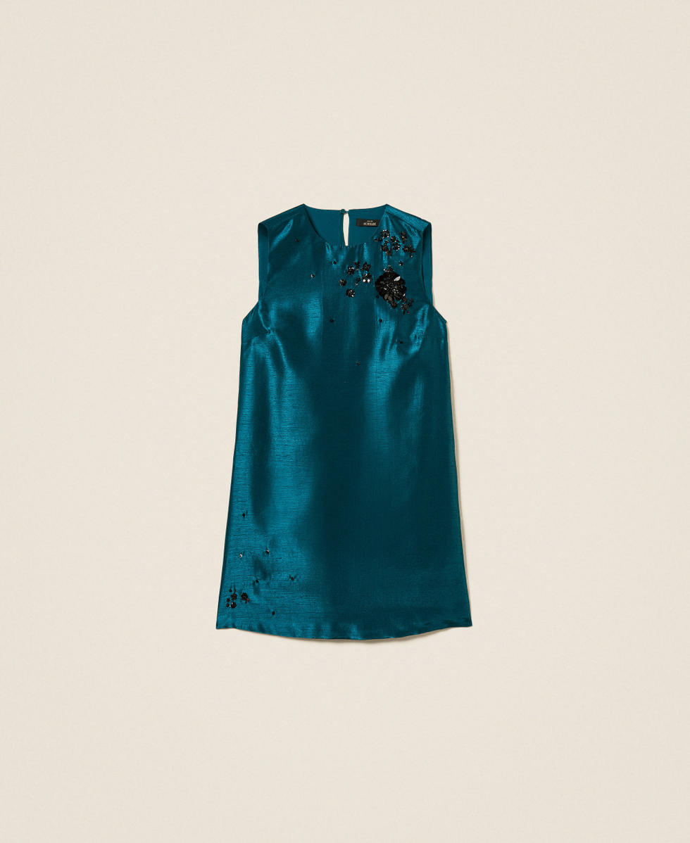 Kurzes Shantung-Kleid handgefertigter Stickerei Green Heron Frau 252AP2180_12557_S0