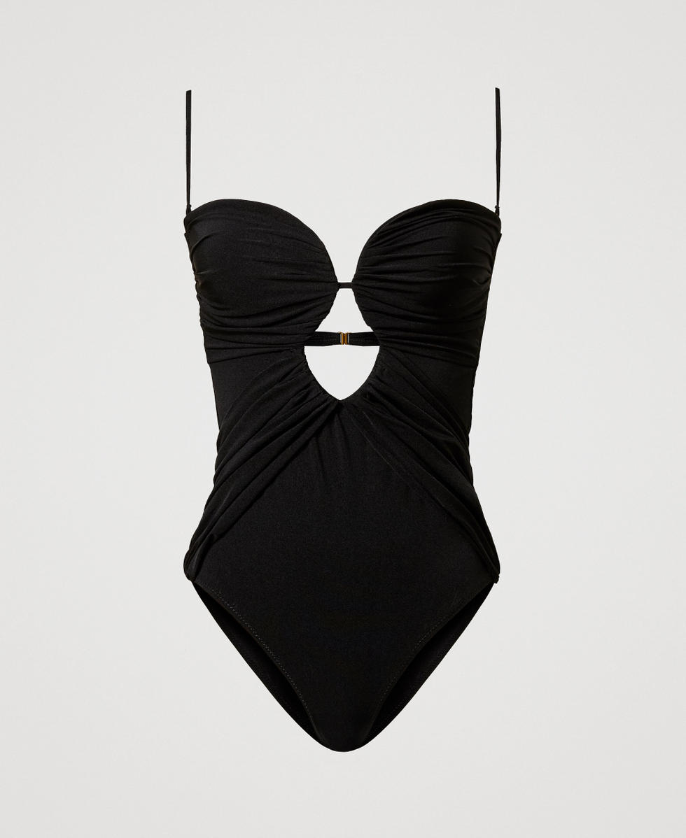One-piece ruched swimsuit with cut-out Woman, Black | TWINSET Milano