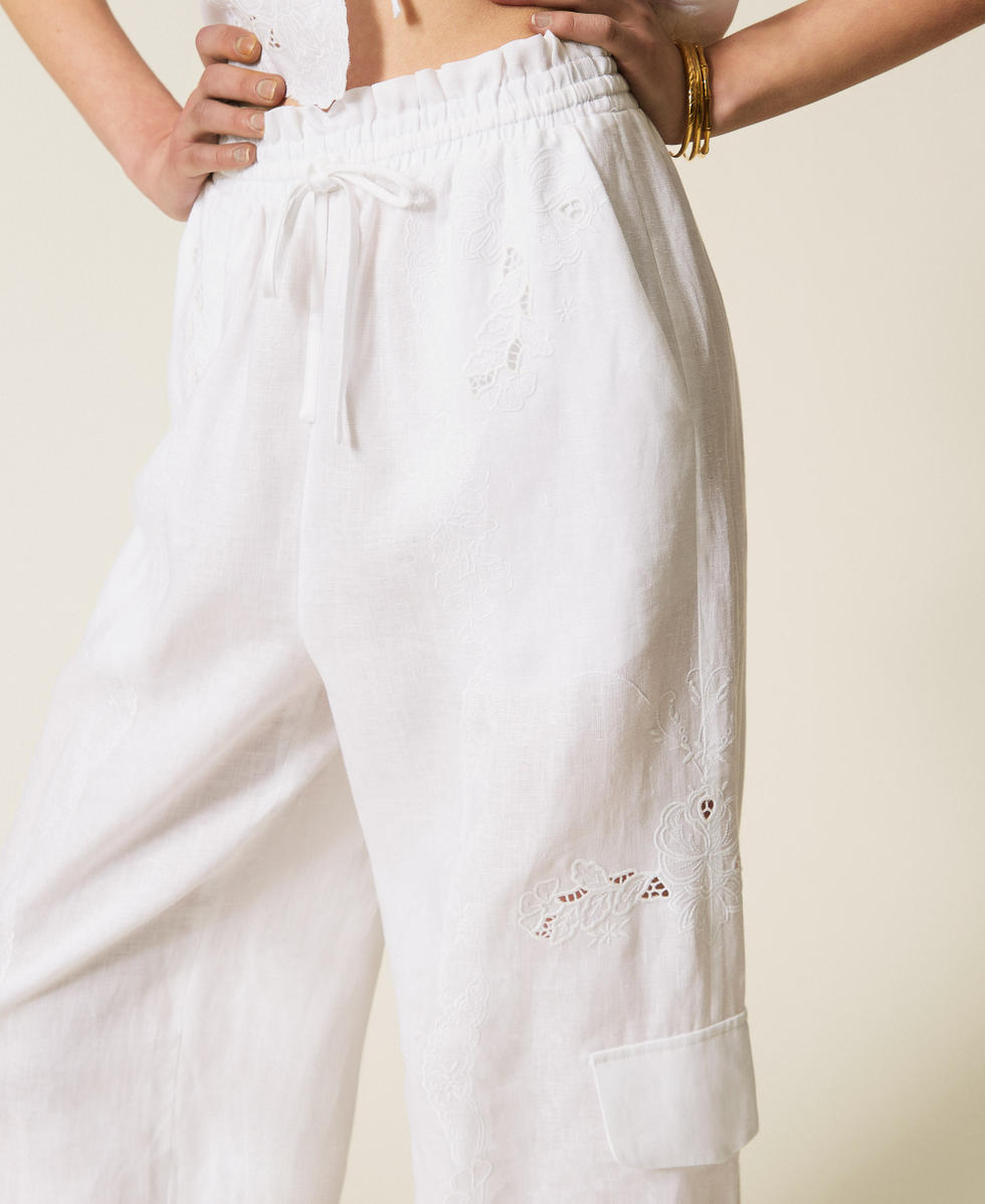 Linen and broderie anglaise jogger trousers Woman, White | TWINSET