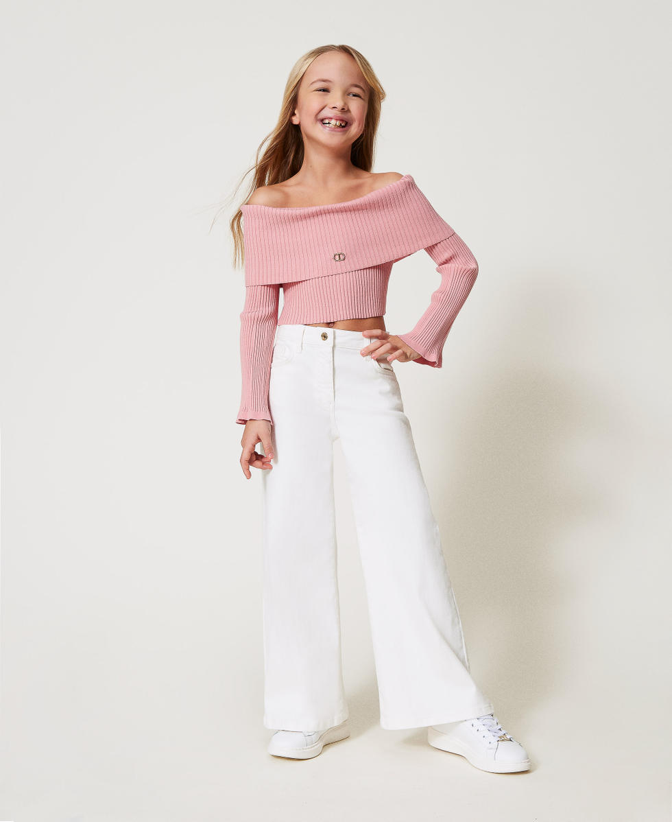 Off-shoulder rib jumper with Oval T