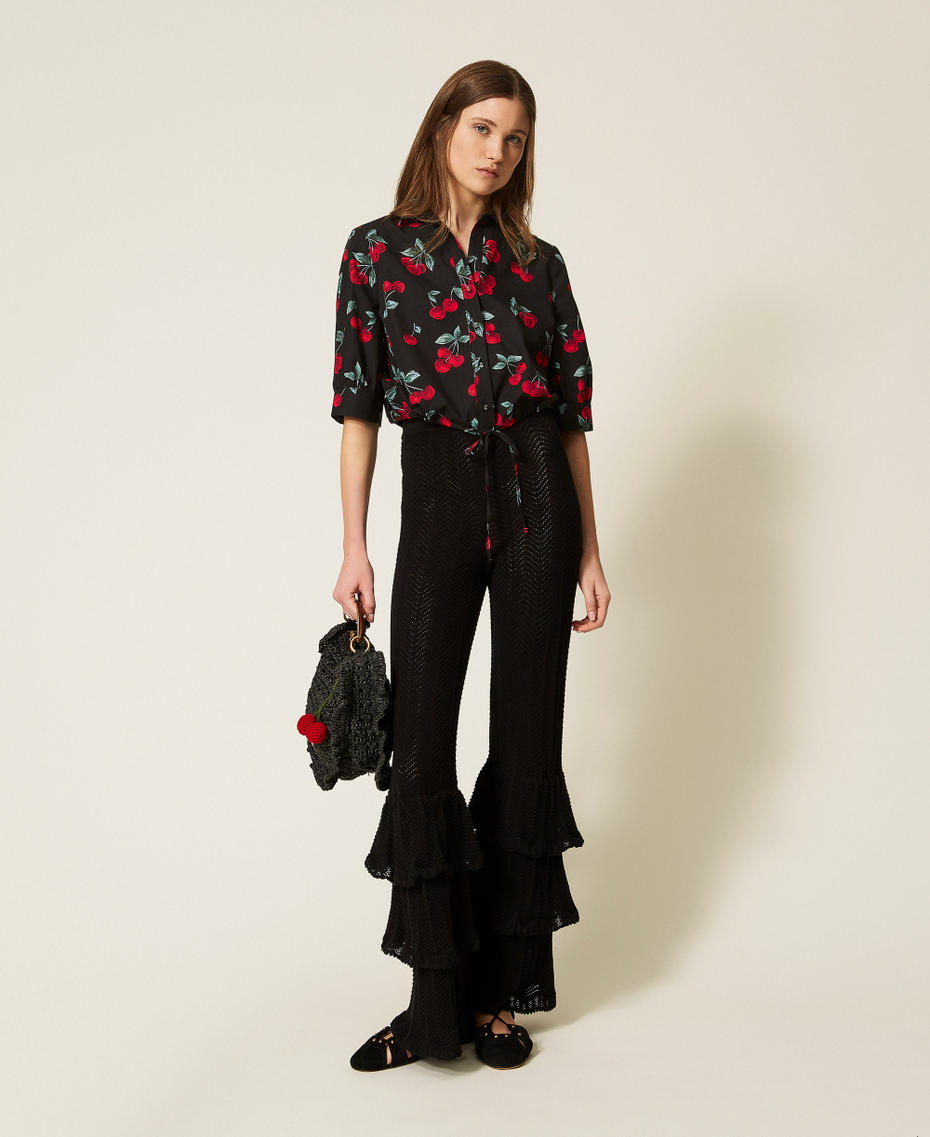 Cropped poplin shirt with cherry print Black/Red Cherries Allover Woman 261TT2593_13500_T0