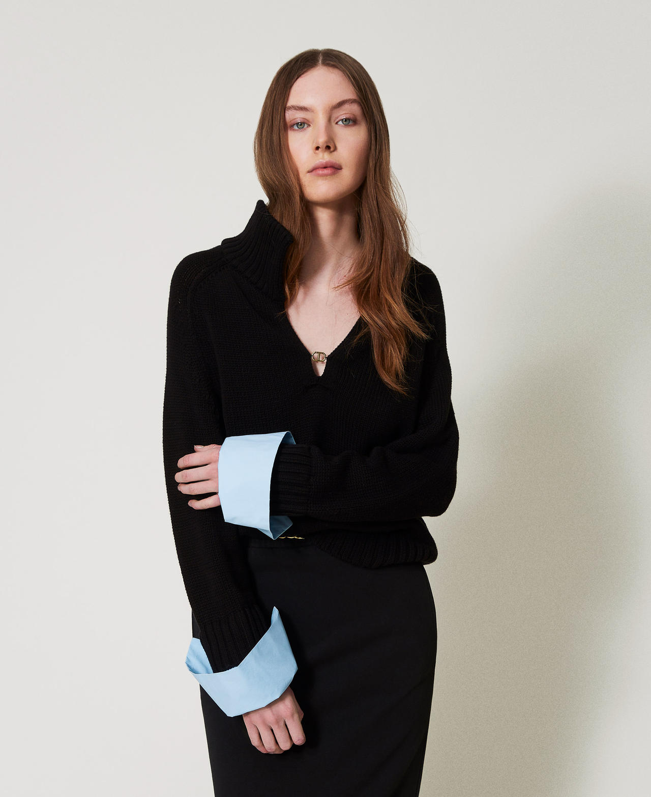 Cotton and poplin jumper Two-tone Black/Airy Blue Woman 251TE3050_12291_01