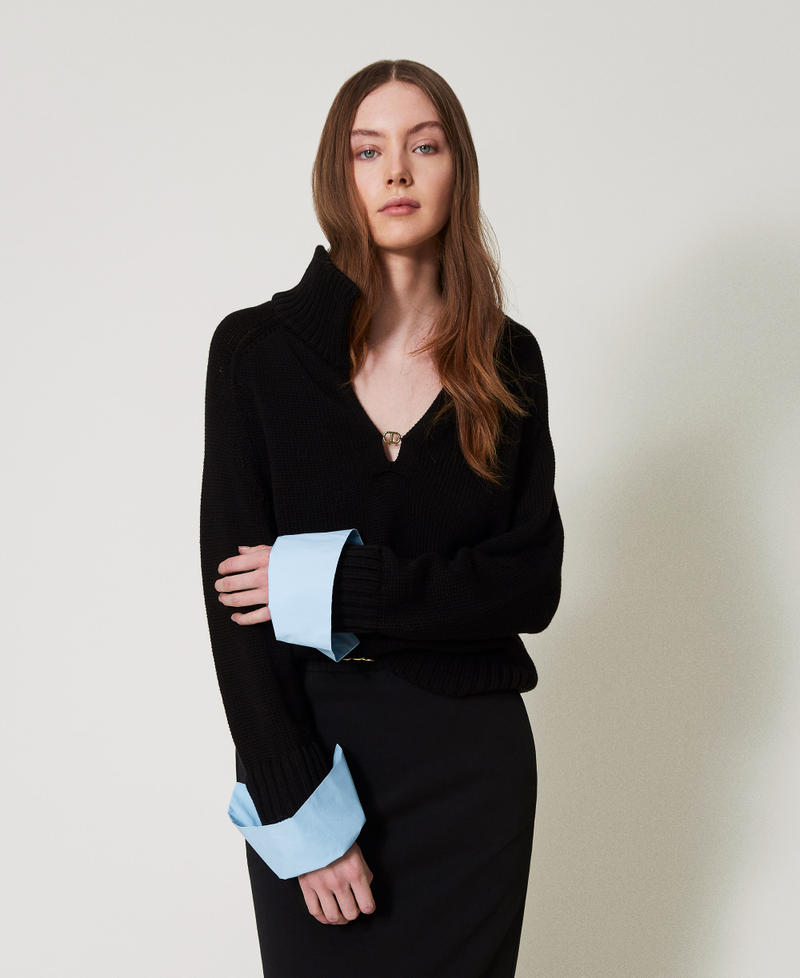 Cotton and poplin jumper Two-tone Black/Airy Blue Woman 251TE3050_12291_01