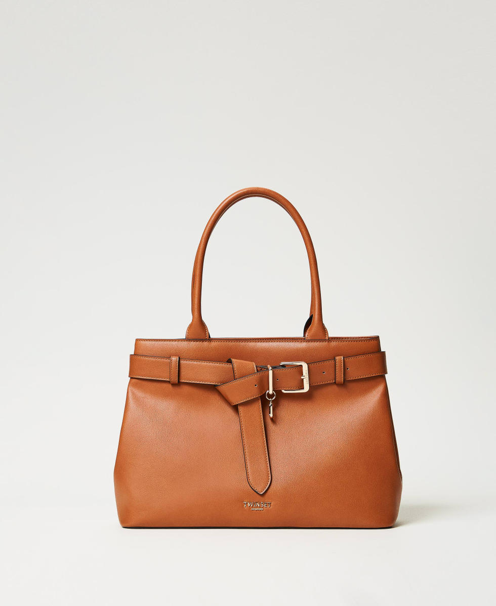 ‘Voyage’ shopper bag with decorative belt Leather Brown Woman 251TB7291_00057_01