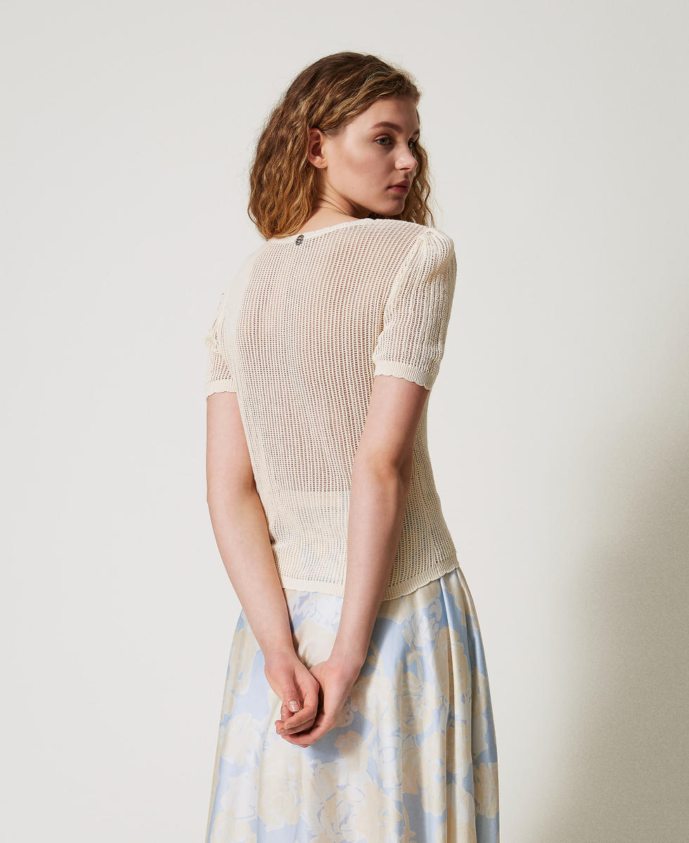 Mesh knit top with crochet flowers Ivory Woman 251AX3010_00018_02