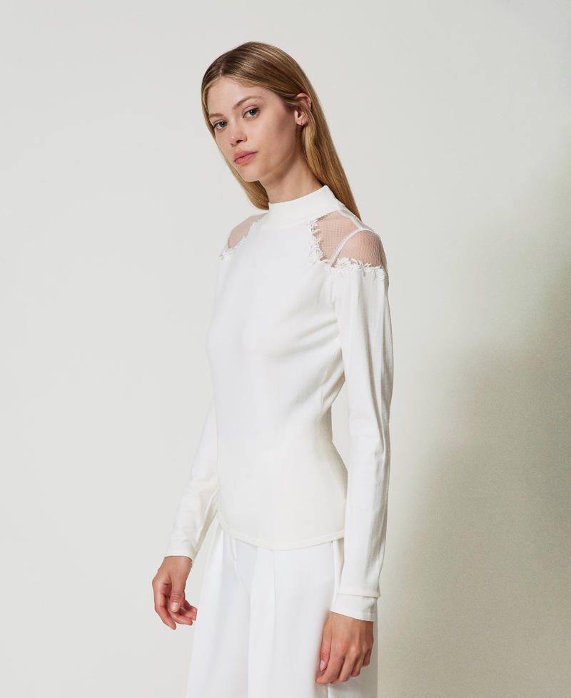 Turtleneck jumper with tulle and embroidery Antique White Woman 242LL3DAA_00245_02