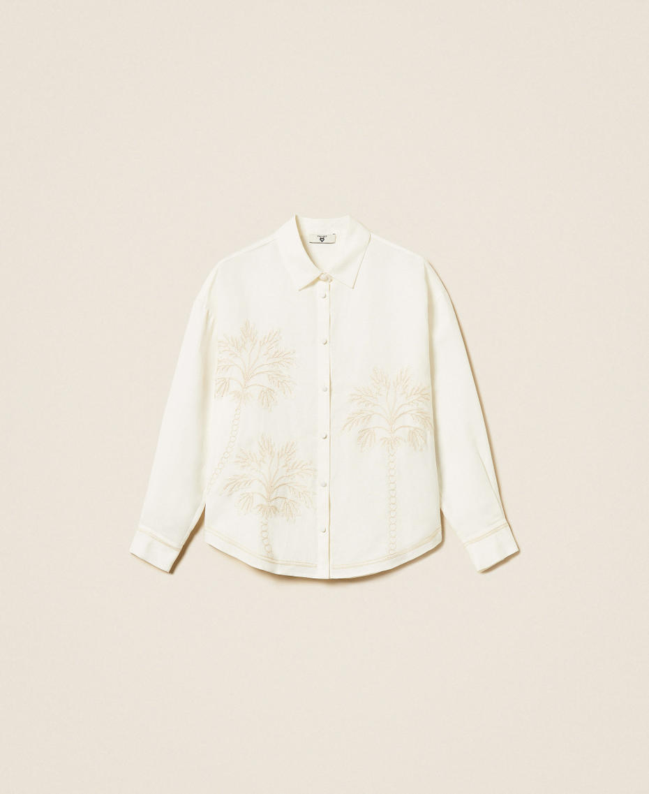 Linen blend shirt with embroidery Two-tone Vanilla White/Fog Woman 261LM2MAA_13584_S0