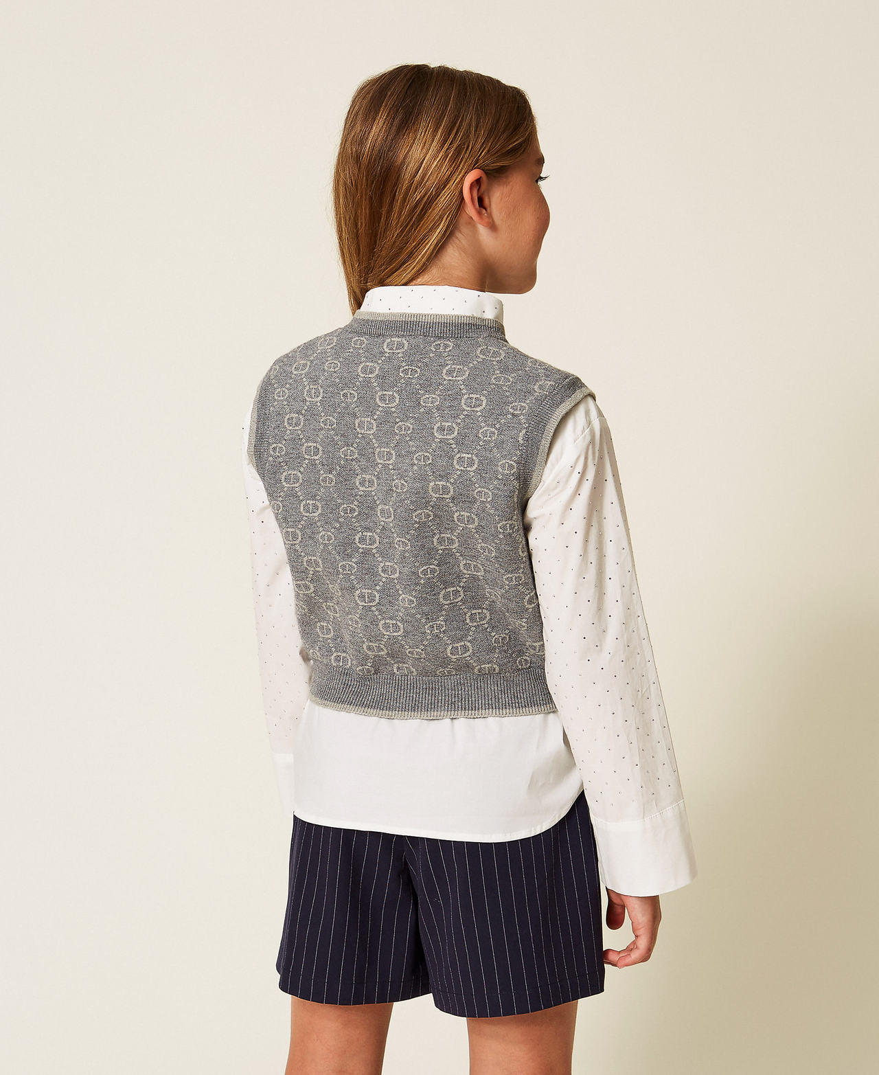 Jacquard knit sleeveless jumper with Oval T Mid Grey/Light Grey Micro Logo Girl 252GJ3023_12796_03