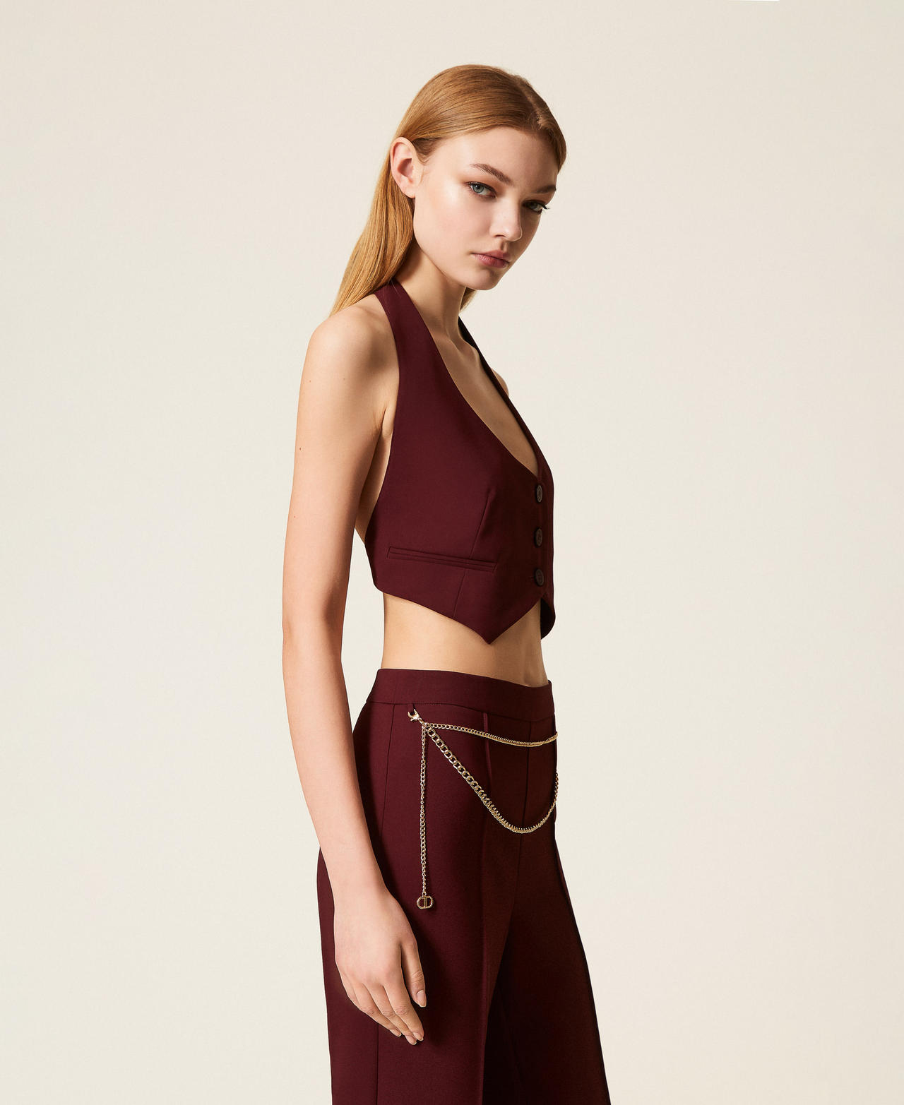 Weste aus Crêpe-Cady mit Rückengürtel „Winetasting“-Violett Frau 252TP2280_05609_02