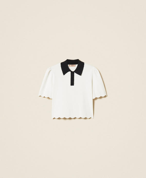 Two-tone knit polo shirt with scalloped trims