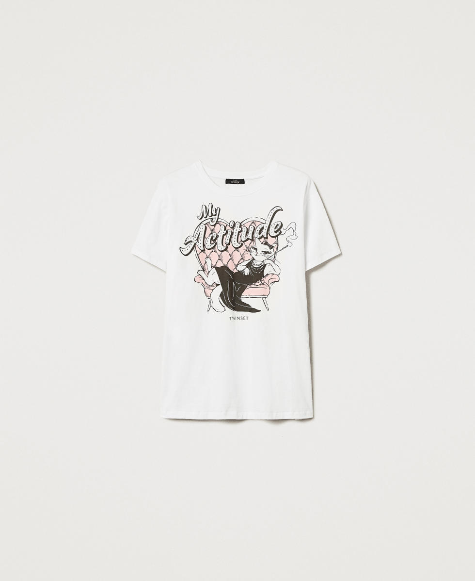 Oversized t-shirt with print and rhinestones Papers/Actitude Cat Print Woman 251AX2123_12462_S0