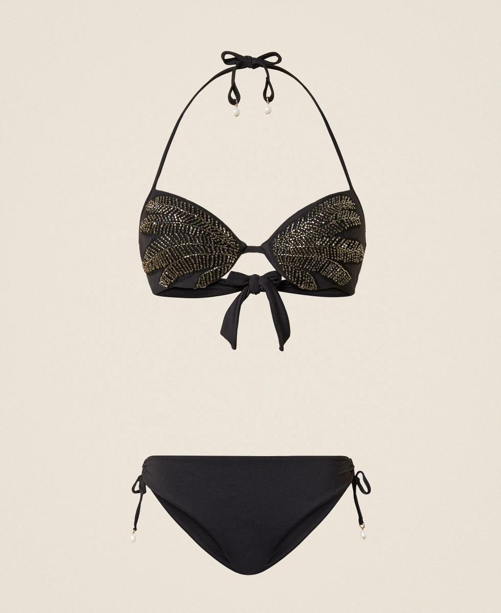 Push-up-Bikinitop mit Stickerei und Bikinihose Zweifarbig Schwarz / "Antracit" Grau Frau 261LMMF44_05294_S0