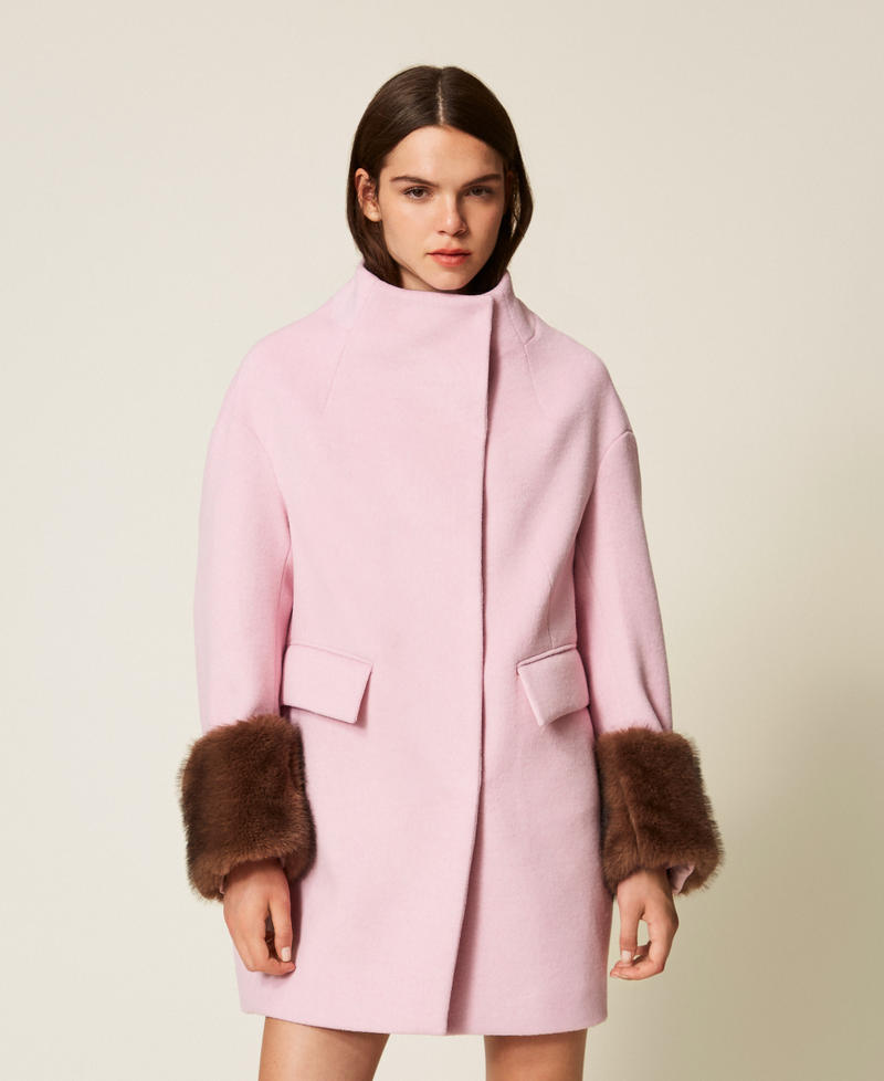 Velour wool cloth coat with faux fur Fairy Tales Pink Woman 252AT2241_12828_01