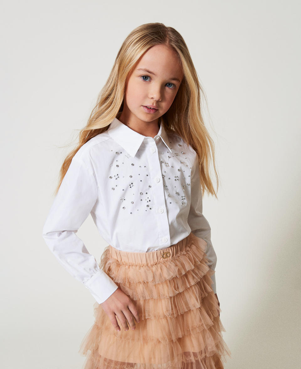 Maxi camicia in popeline con ricamo Bianco "Ice" Bambina 251GJ2QM0_00808_01