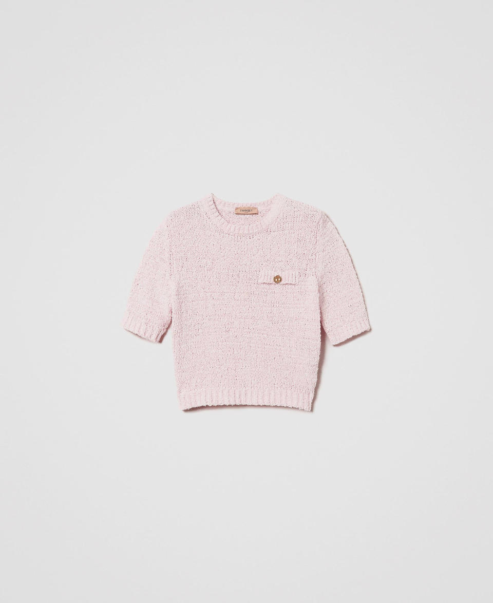 Cropped jumper with Oval T button Cupcake Pink Woman 251TP3440_00178_S0