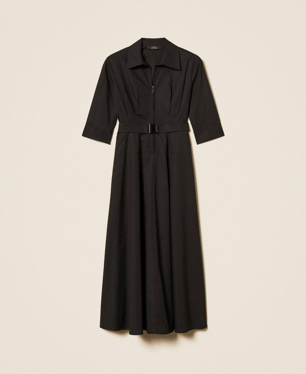 Long poplin dress with belt Black Woman 261AP2284_00006_S0