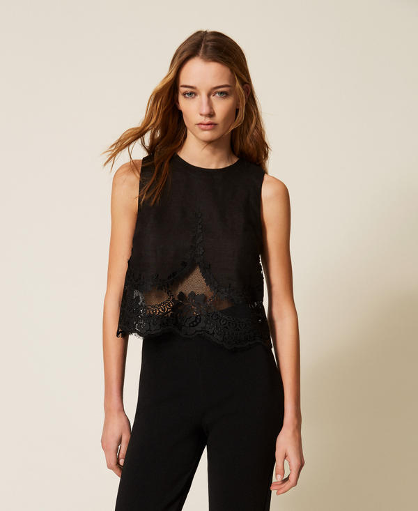 Linen top with lace