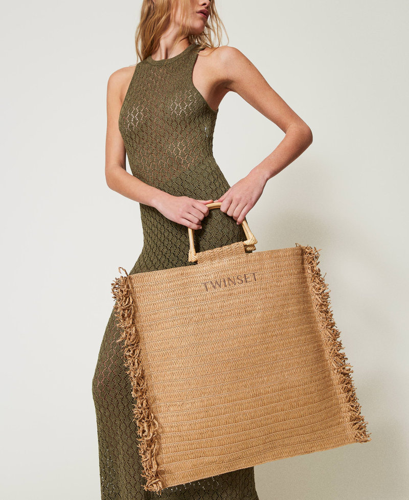 Frayed faux straw shopper bag Woman Beige TWINSET Milano