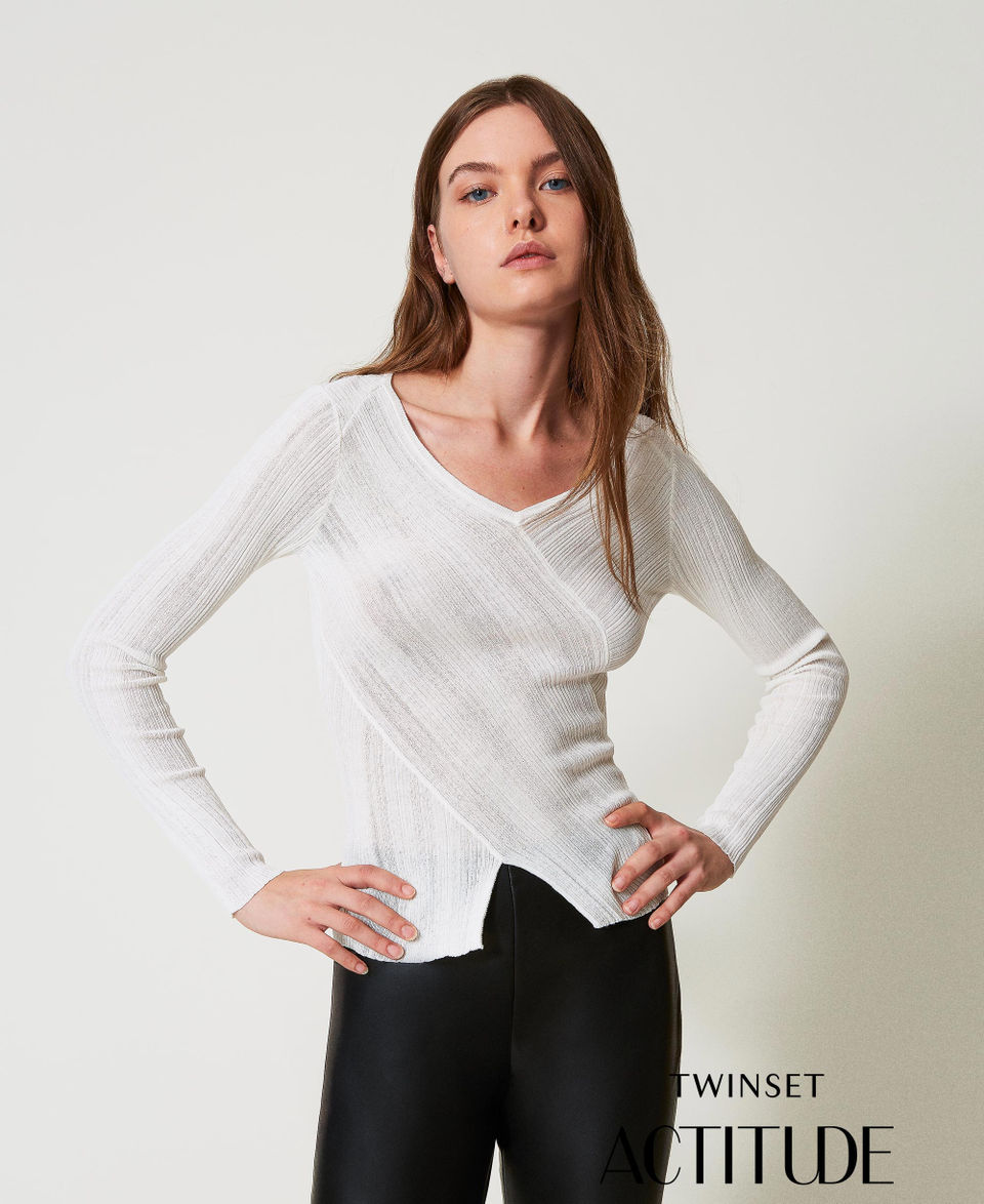 Rib knit jumper with front slit Sugar White Woman 251AP3032_00632_PA