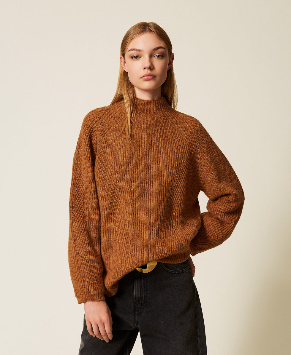 Wool blend turtle neck jumper with Oval T Woman, Brown