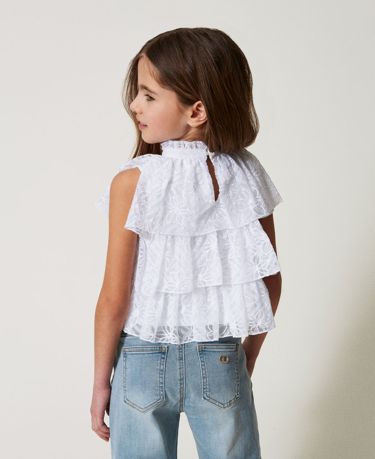 Embroidered tulle top with flounces "Ice" White Girl 251GJ2526_00808_03