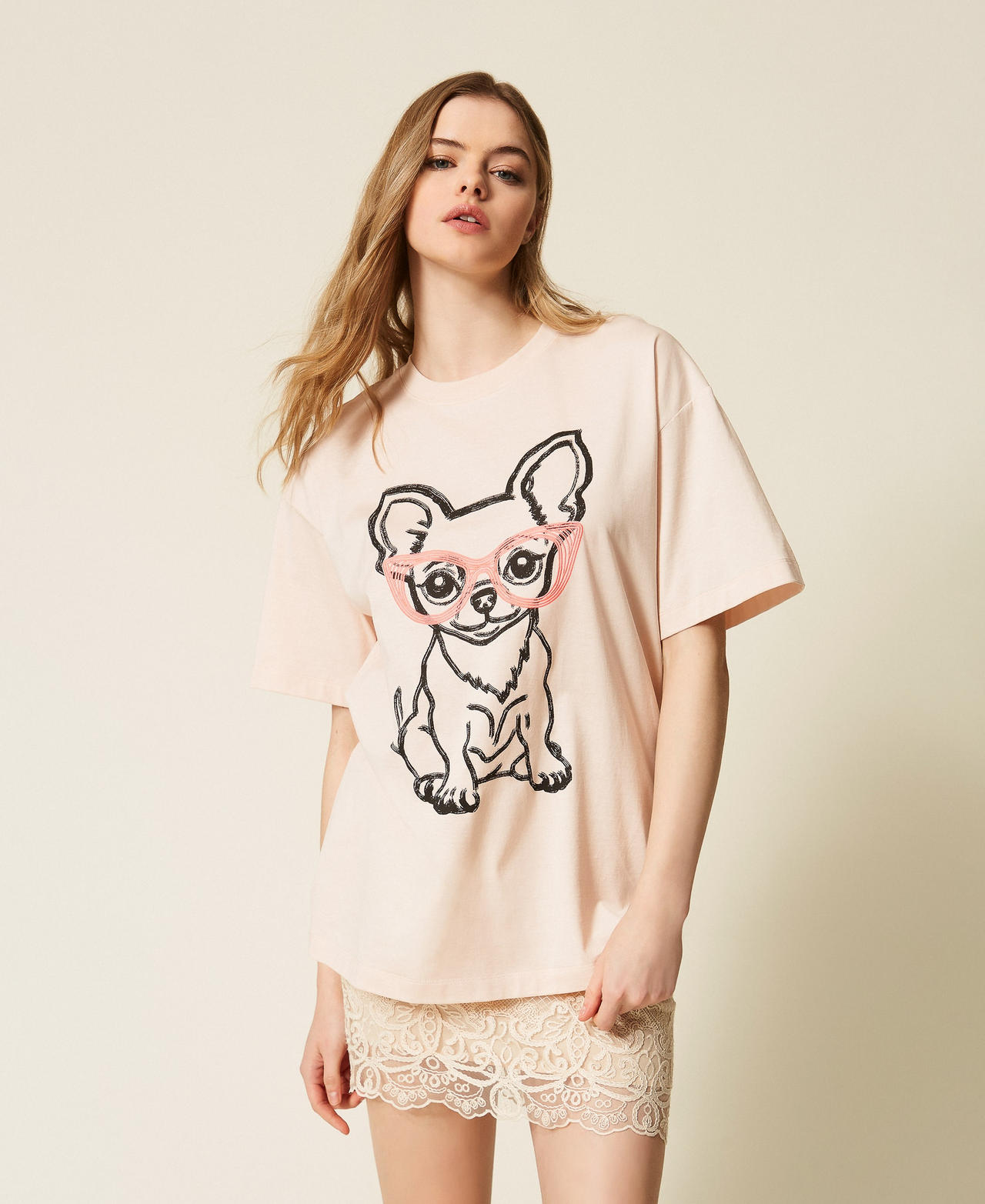 MYFO oversize T-shirt with print and embroidery Chihuahua Blush Woman 261AQ2010_13572_01