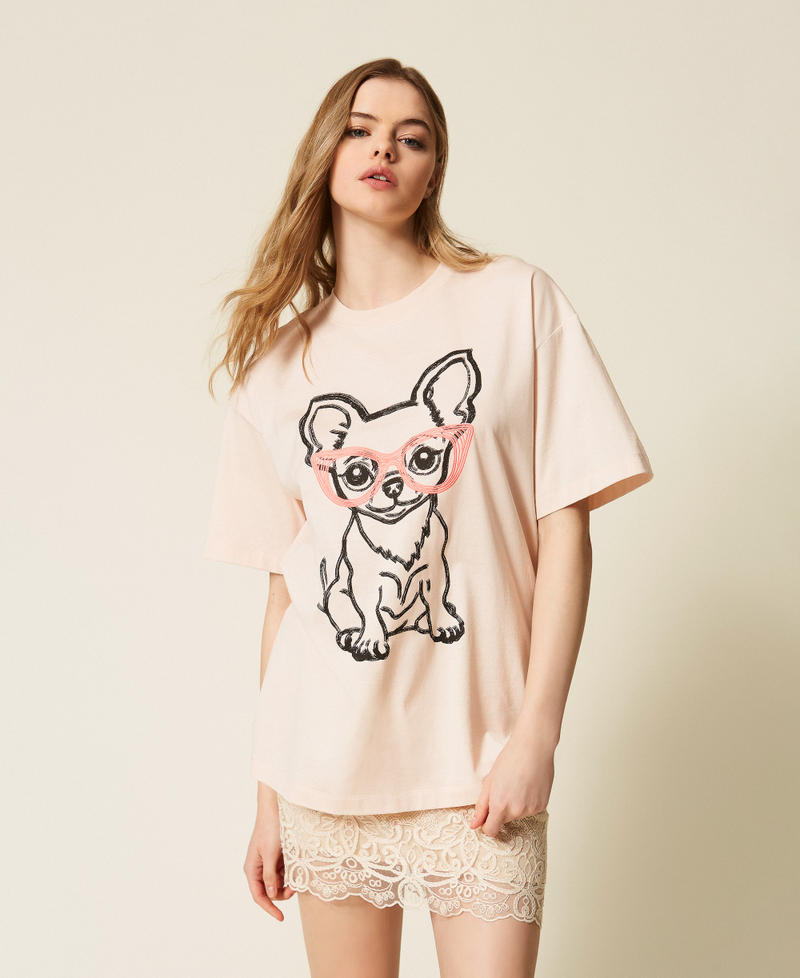 MYFO oversize T-shirt with print and embroidery Chihuahua Blush Woman 261AQ2010_13572_01