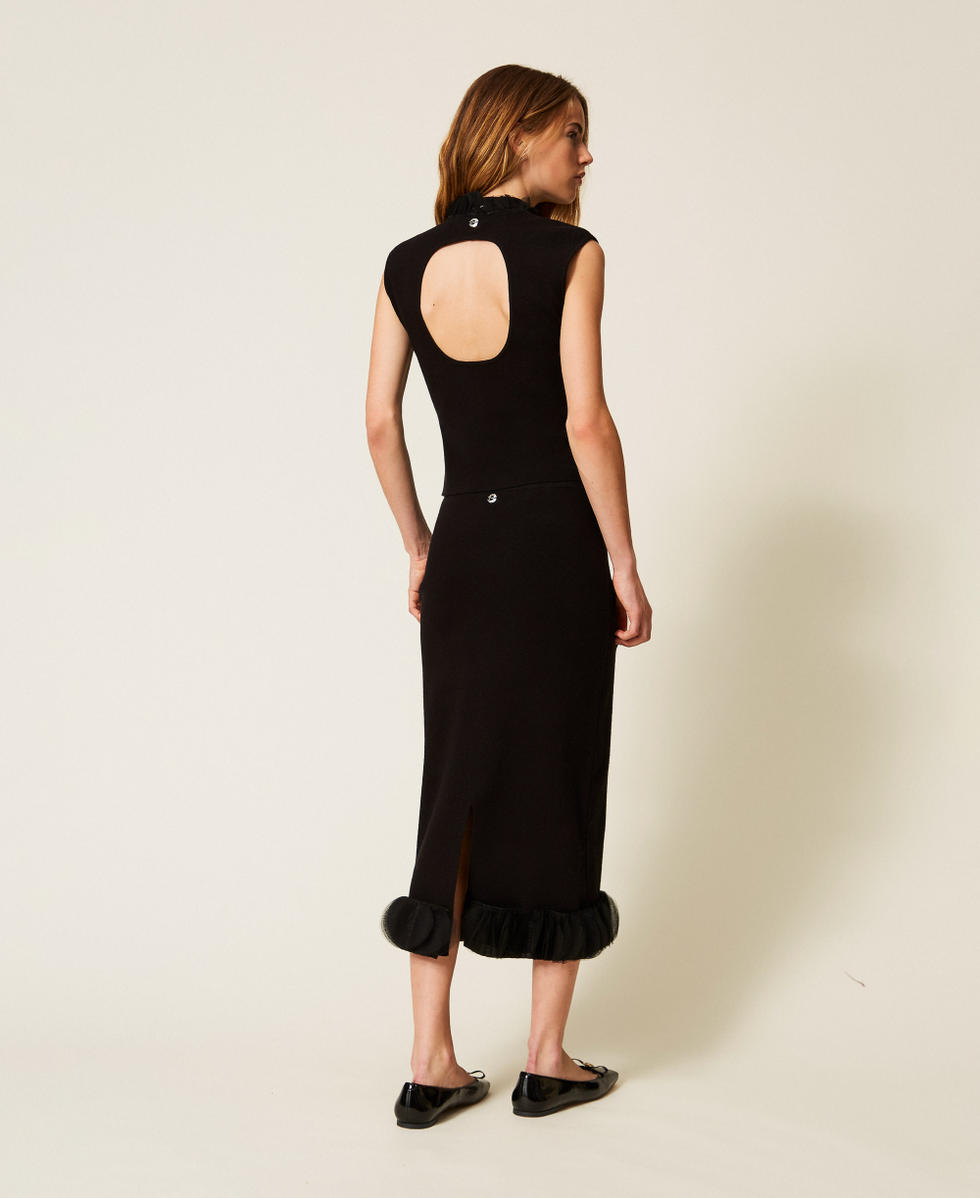 Falda midi de punto y organza Negro Mujer 252AP3013_00006_03