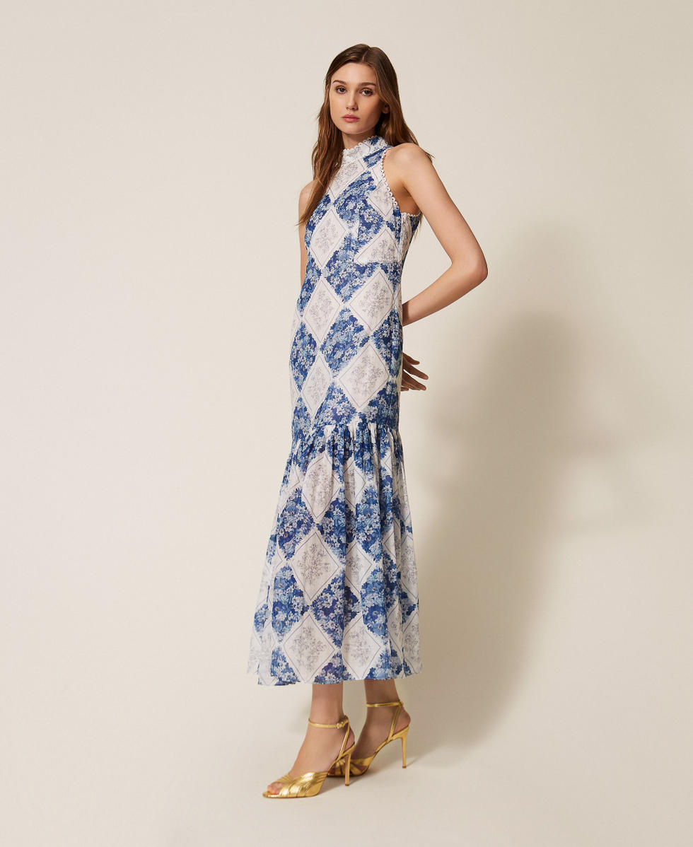 Long ramie dress with floral print Blue/Pale Blue Topaz Diamond Flower Print Woman 261TP213B_13405_02