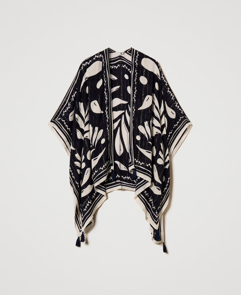 Poncho with print and tassels Classic Blue/Sugar Foulard Print Woman 251LM5BPP_12380_S0