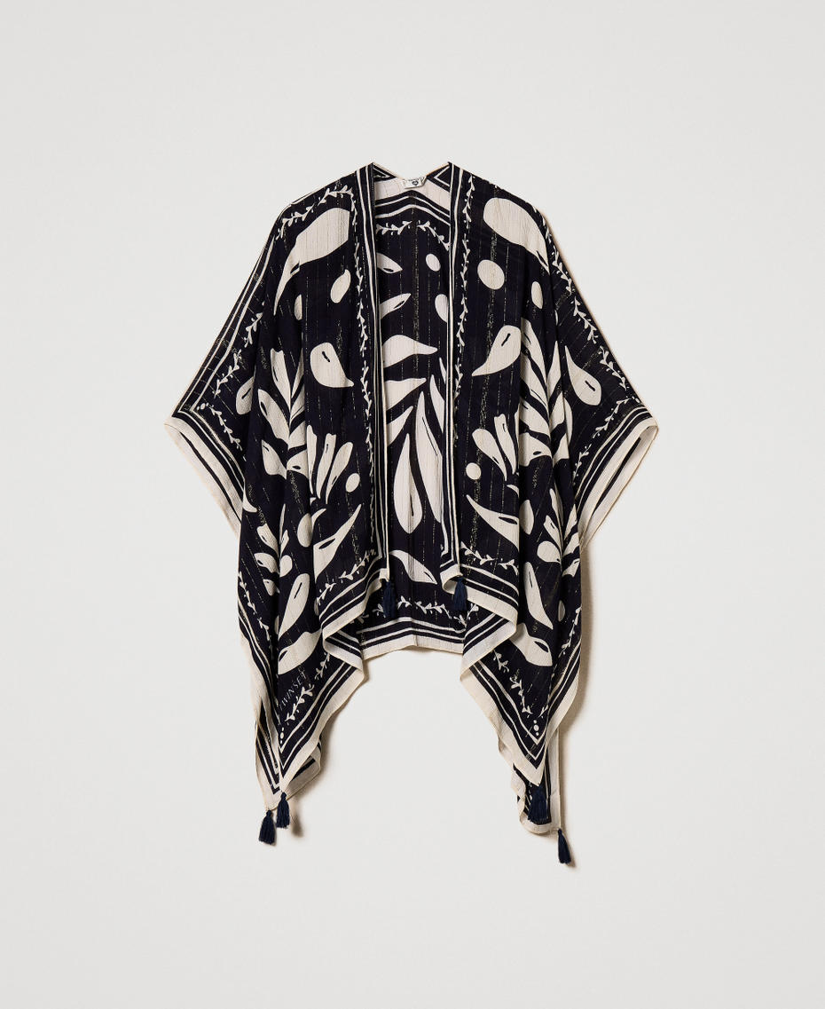 Poncho with print and tassels Classic Blue/Sugar Foulard Print Woman 251LM5BPP_12380_S0