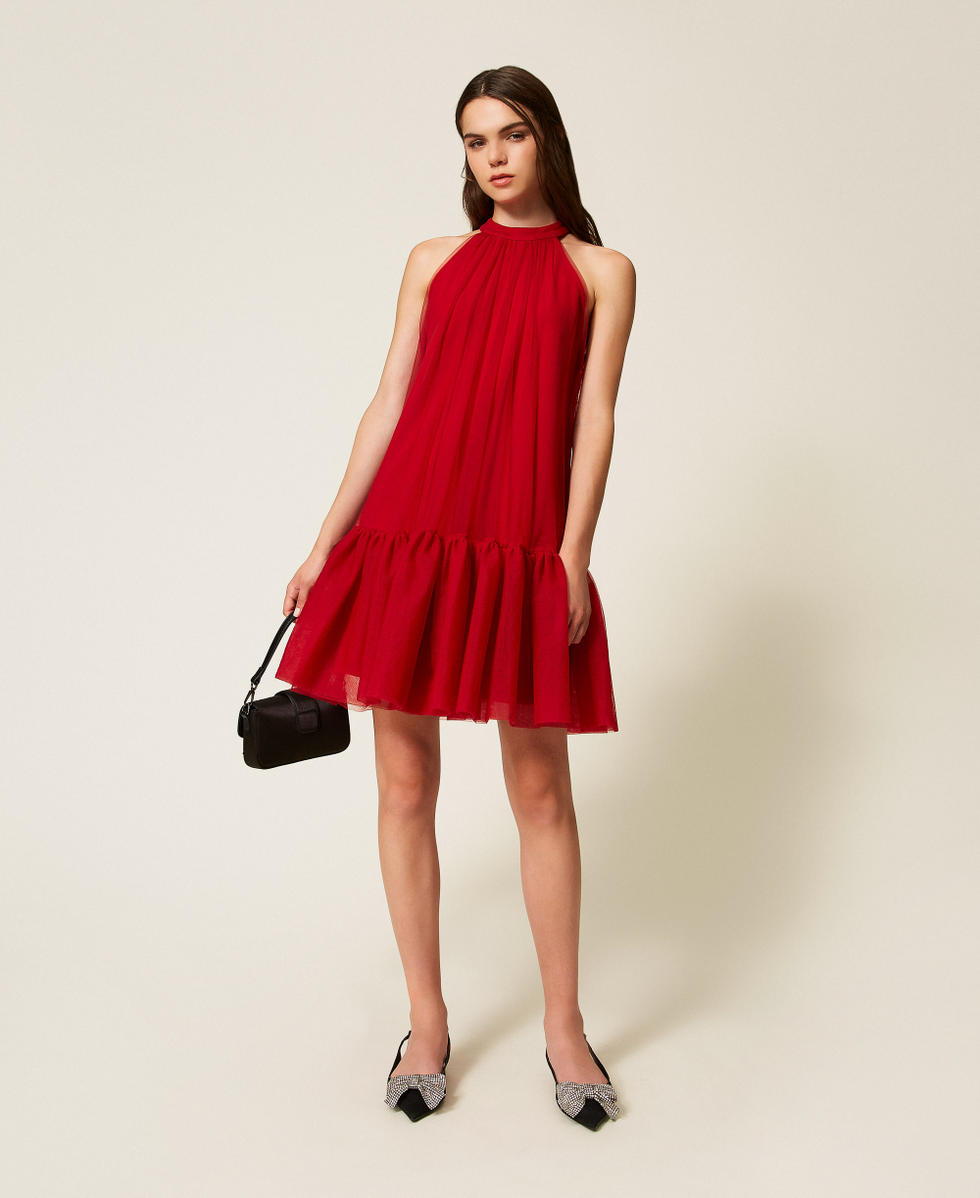 Kurzes Kleid aus T&uuml;ll mit R&uuml;sche Kirsch Rot Frau 252AT2091_00034_T0