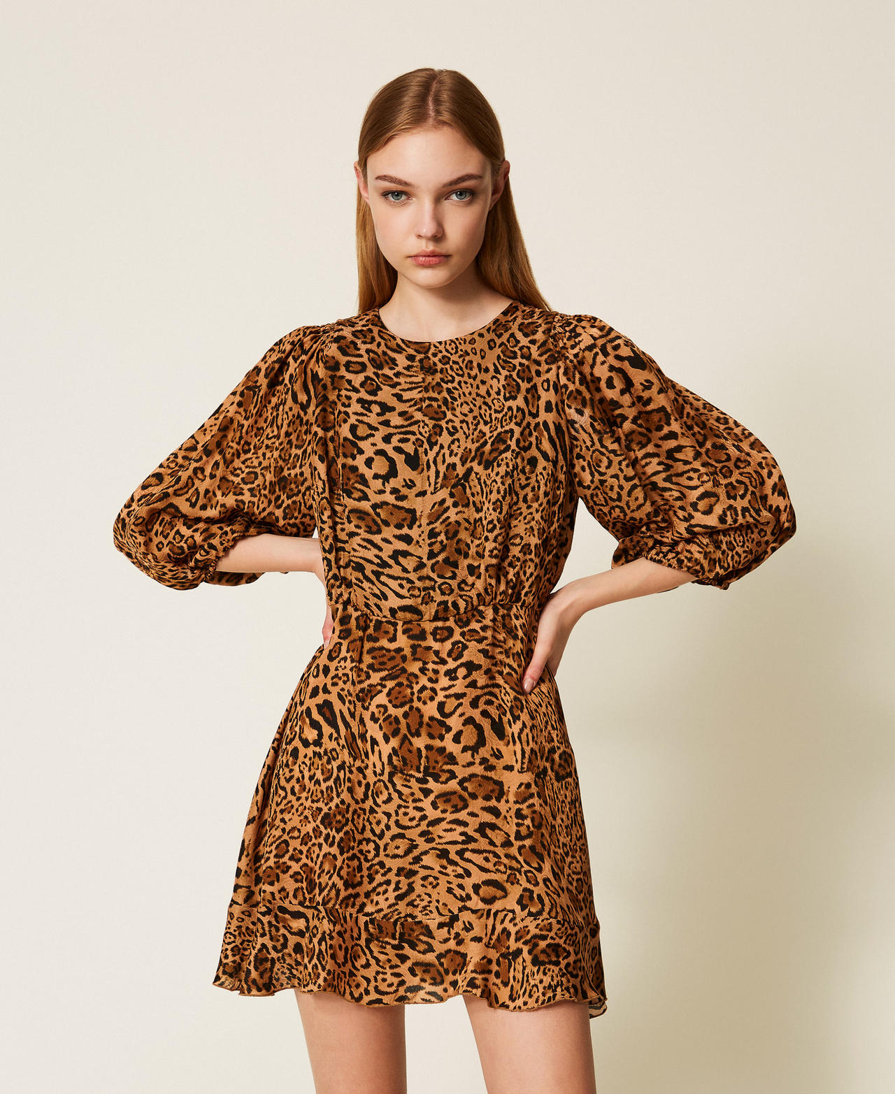 Short jacquard animal print dress Coffee/Land Brown Animal Print Woman 252TP2472_12737_01