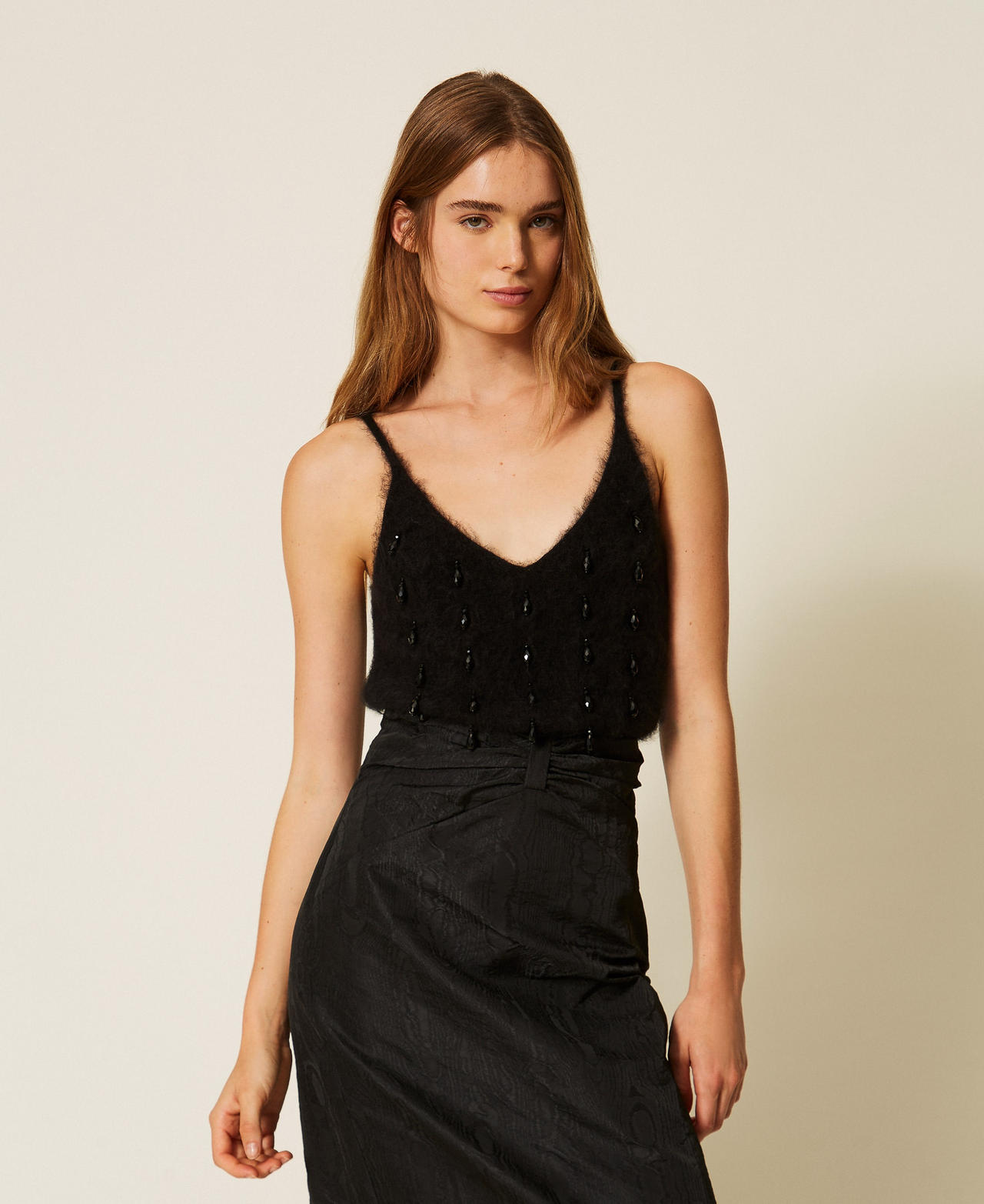 Brushed wool blend top with embroidery Black Woman 262TT3023_00006_01