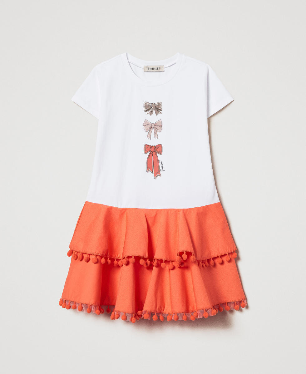 Abito corto con balze e pompon Bicolor Ice / Sugar Coral Bambina 251GJ242B_12256_S0