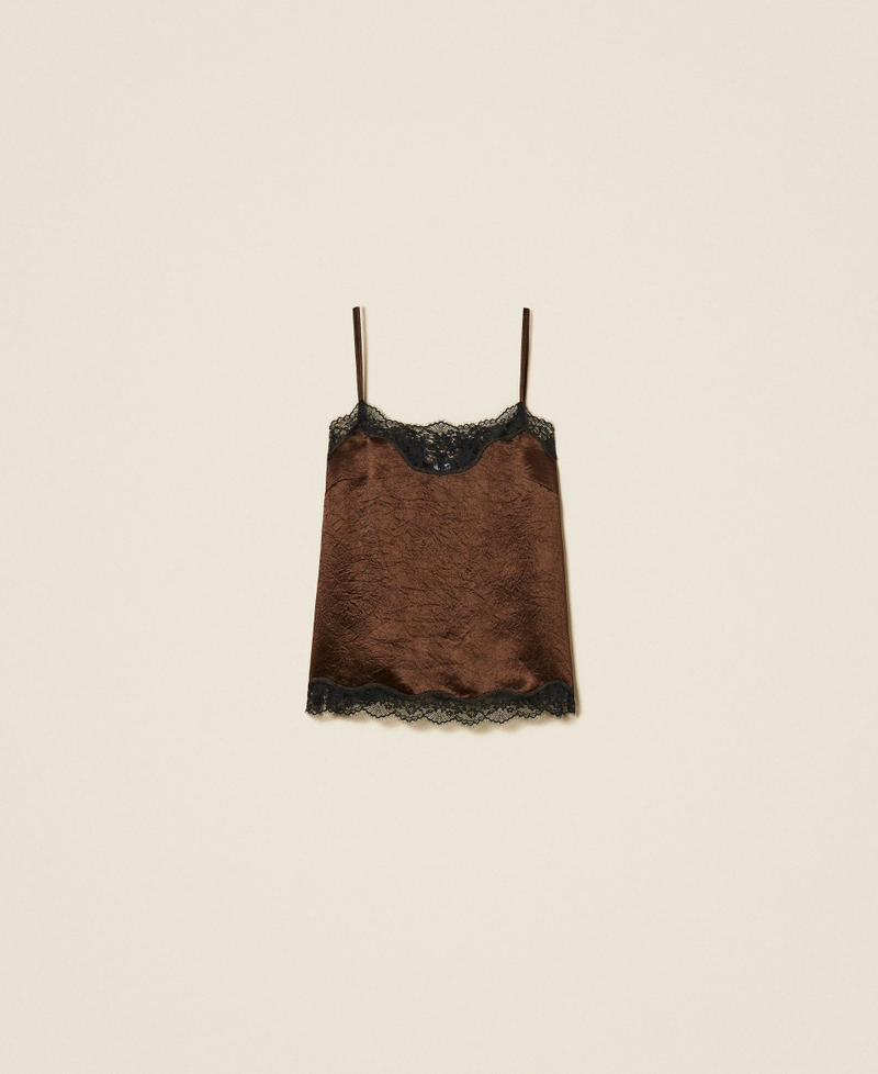 Froiss&eacute; satin and lace top Two-tone Darkness Brown/Black Woman 262TP2112_13853_S0